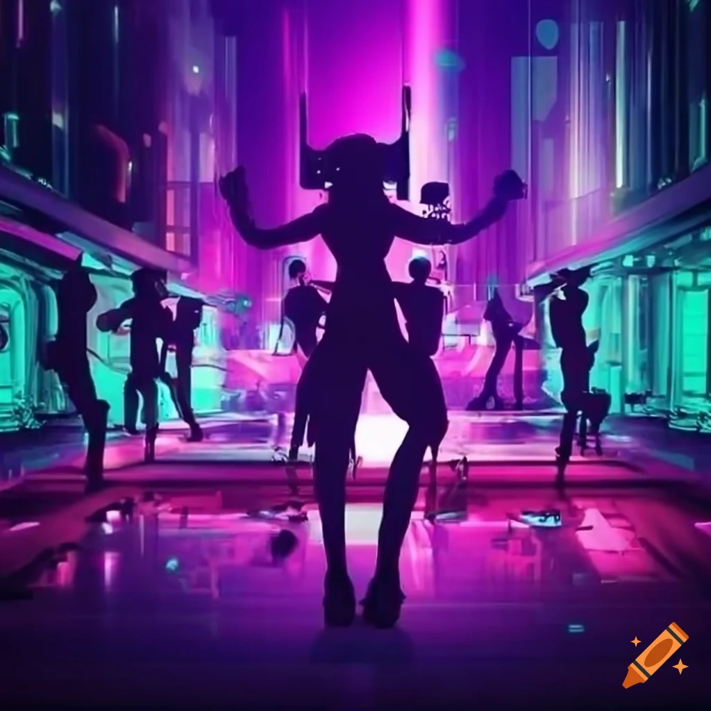 futuristic nightclub with dancing crowd and robots