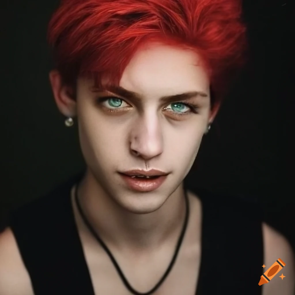 portrait of a person with green eyes and unique hair
