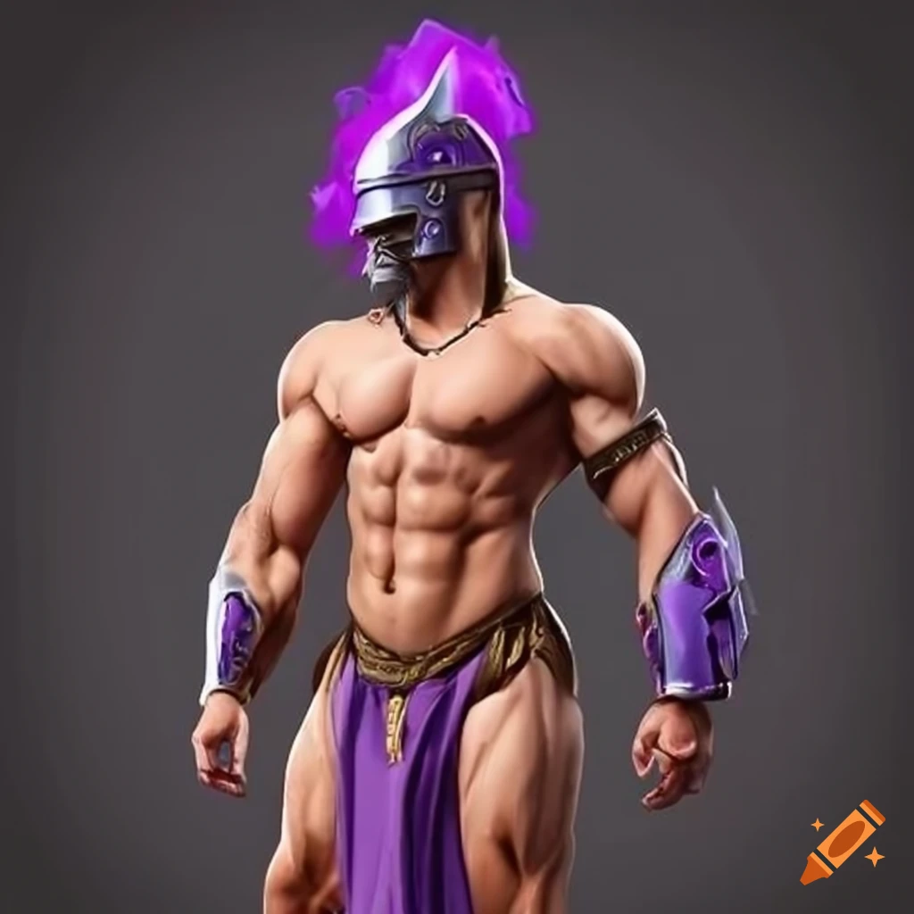 muscular gladiator with flaming purple helmet