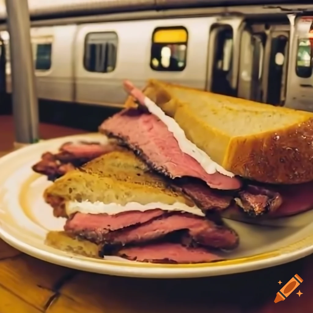 pastrami sandwich on subway train floor