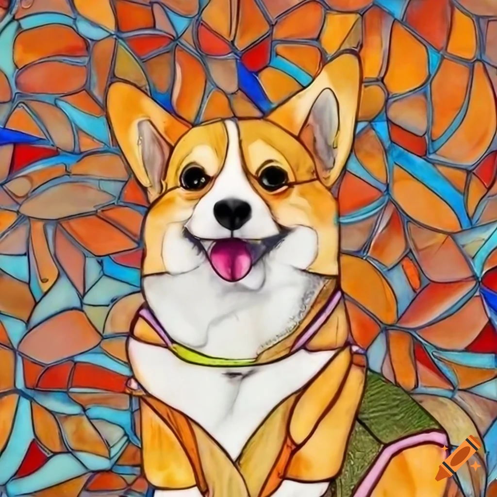 stained glass representation of a cute Corgi