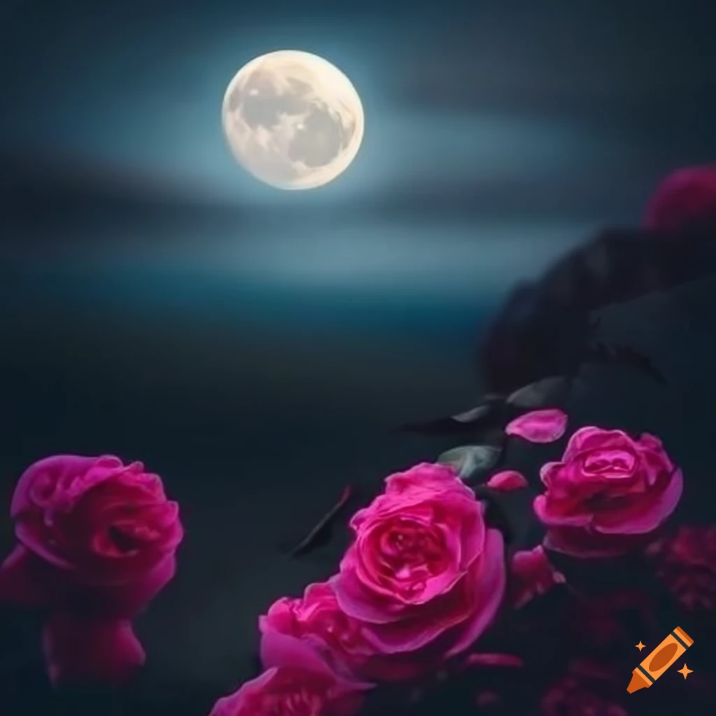 nighttime rose garden under a full moon
