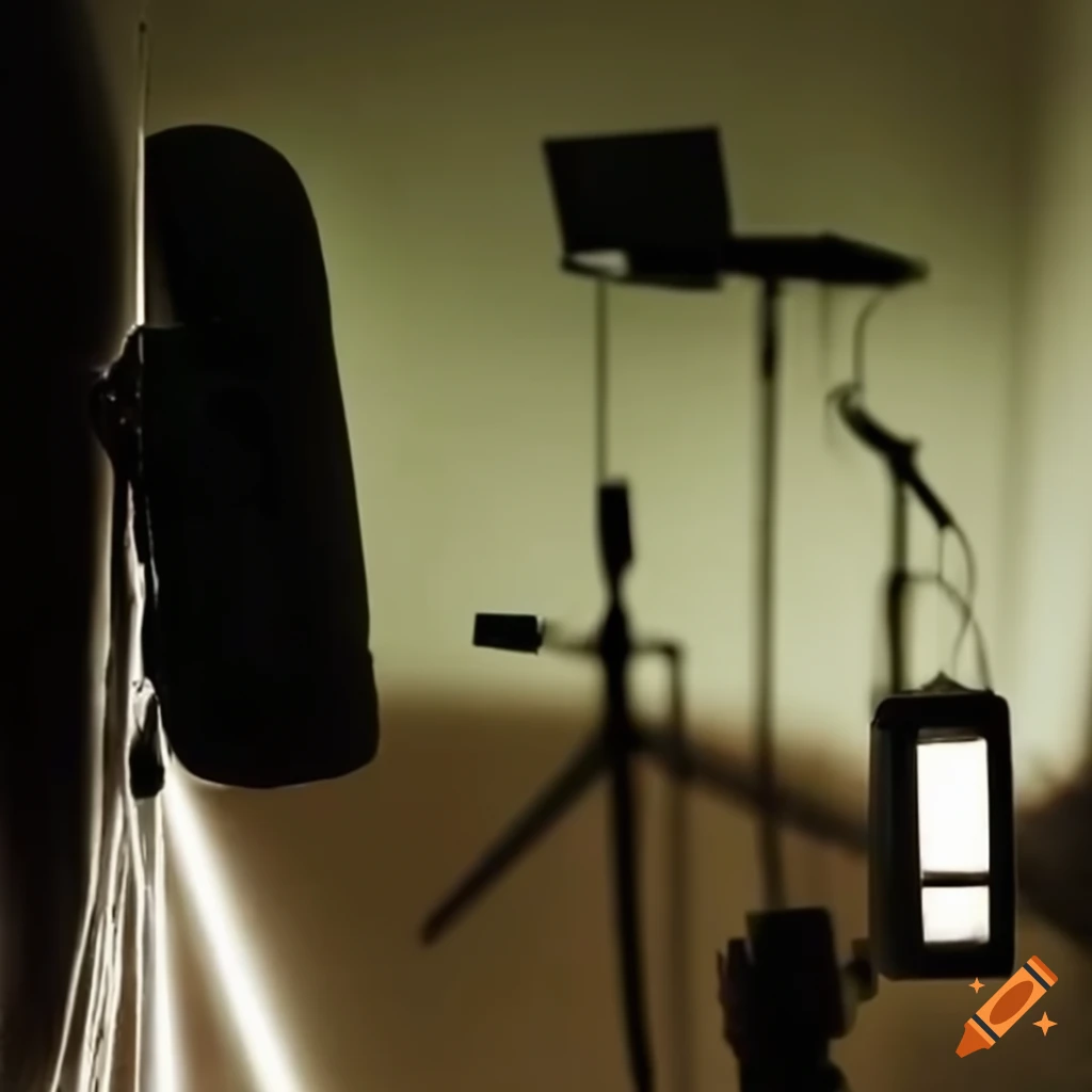 professional film set with microphones, lights, cameras, green screens, and cables on the floor