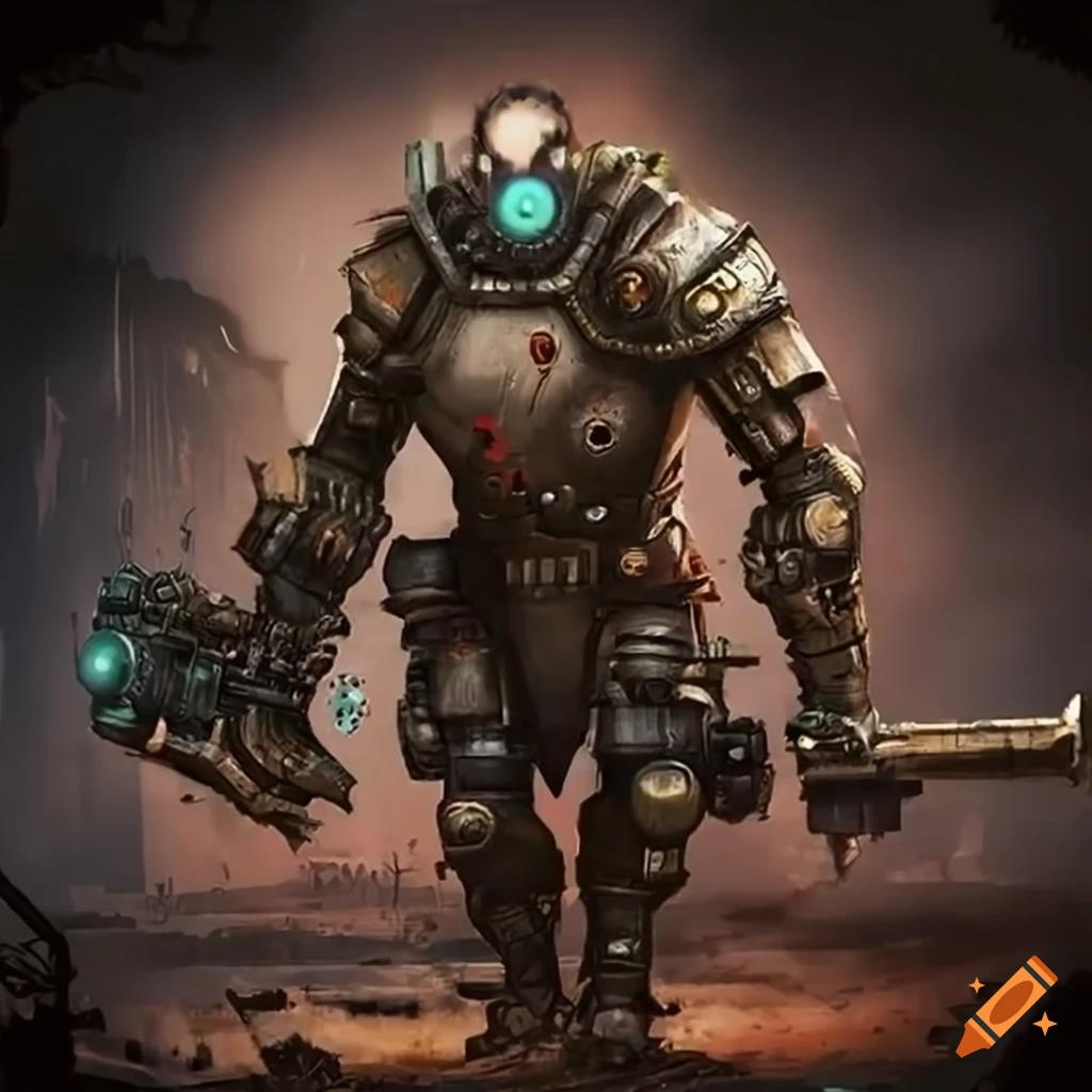 image of a dieselpunk cyborg warrior and a hoverjeep