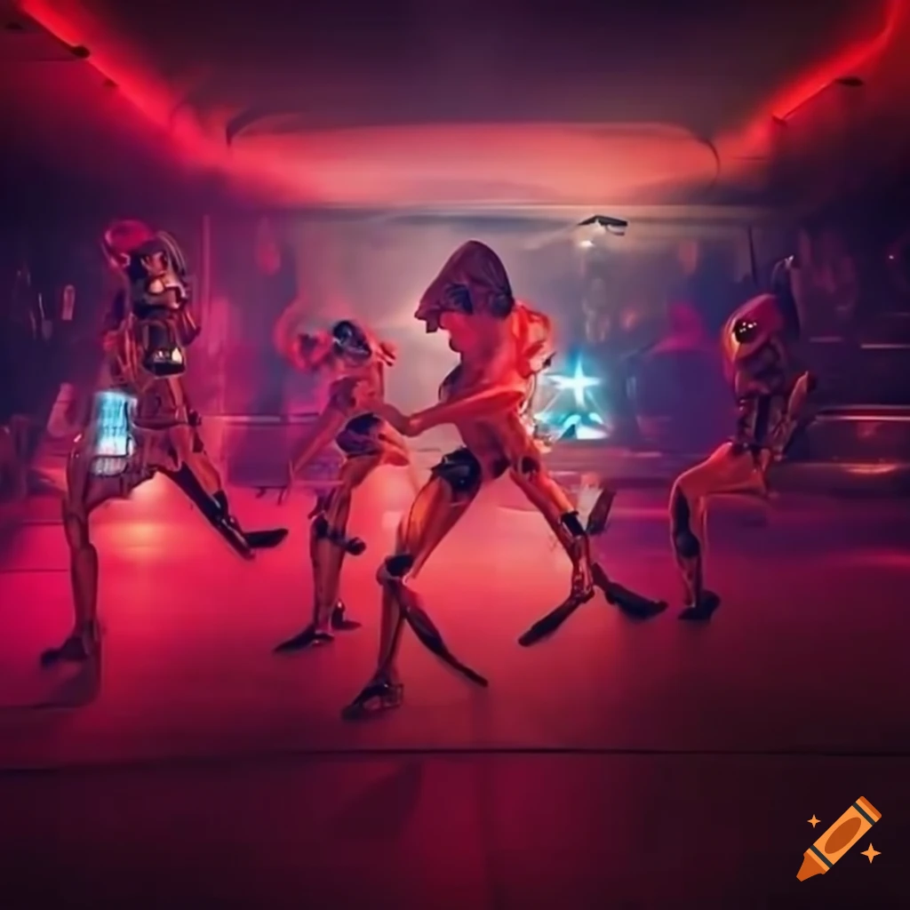 vibrant nightclub with energetic dancers and futuristic robots