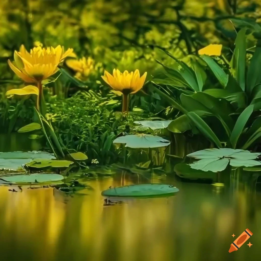 photorealistic pond in a serene glade at sunset