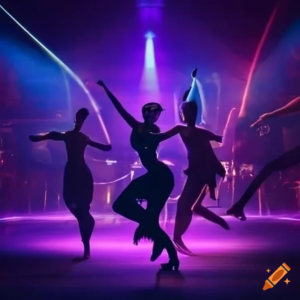 photo of dynamic dancers in a futuristic nightclub