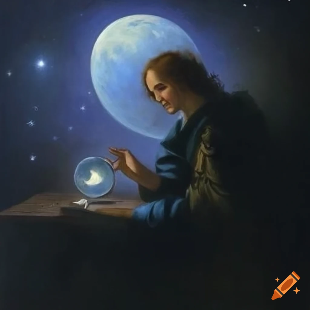 oil painting of a magician on a moonlit planet