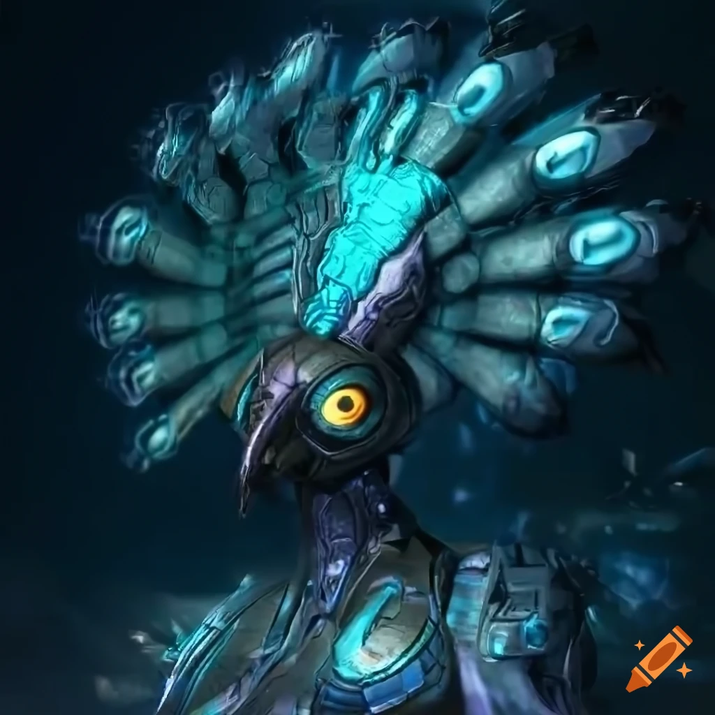 dramatic futuristic peacock mecha with full plumage display
