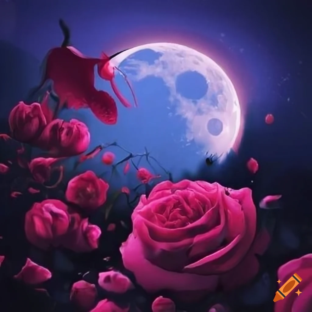 nighttime rose garden under a full moon