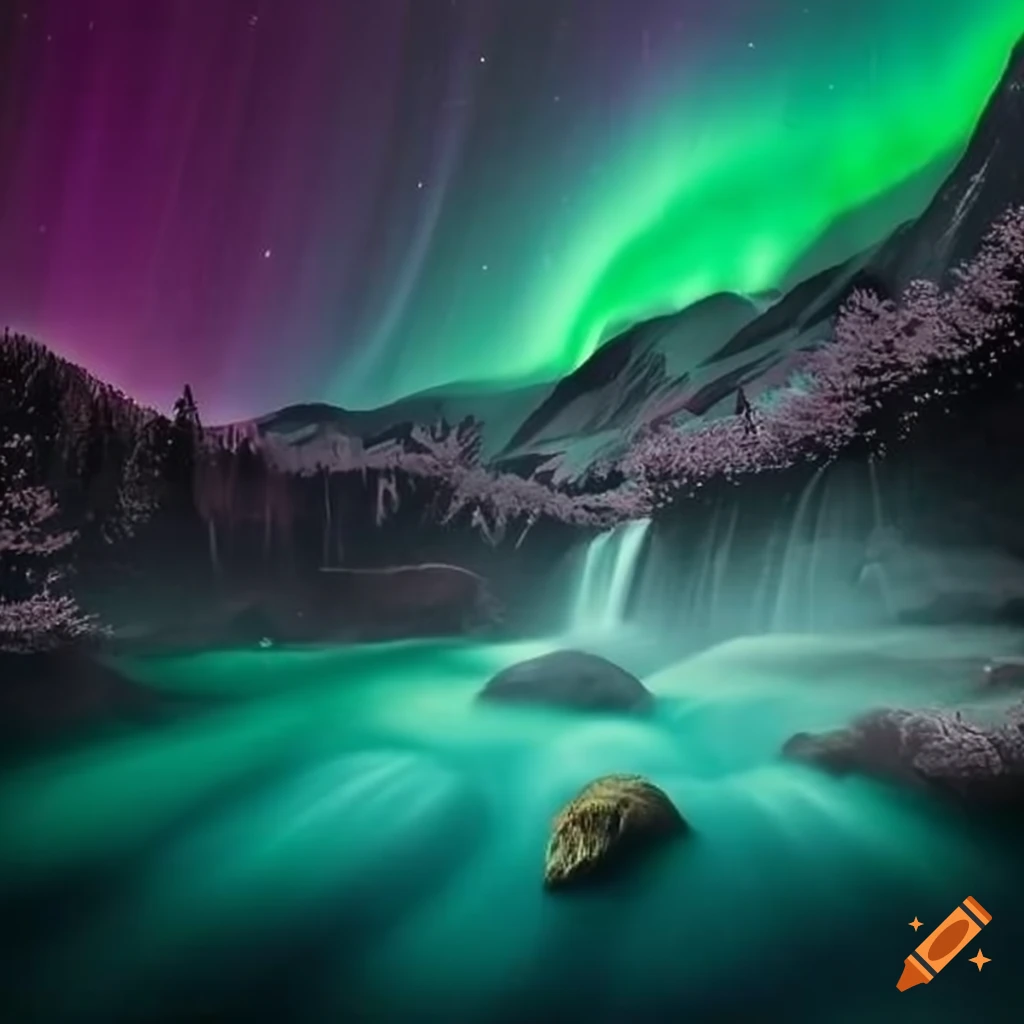 sakura falling under the northern lights