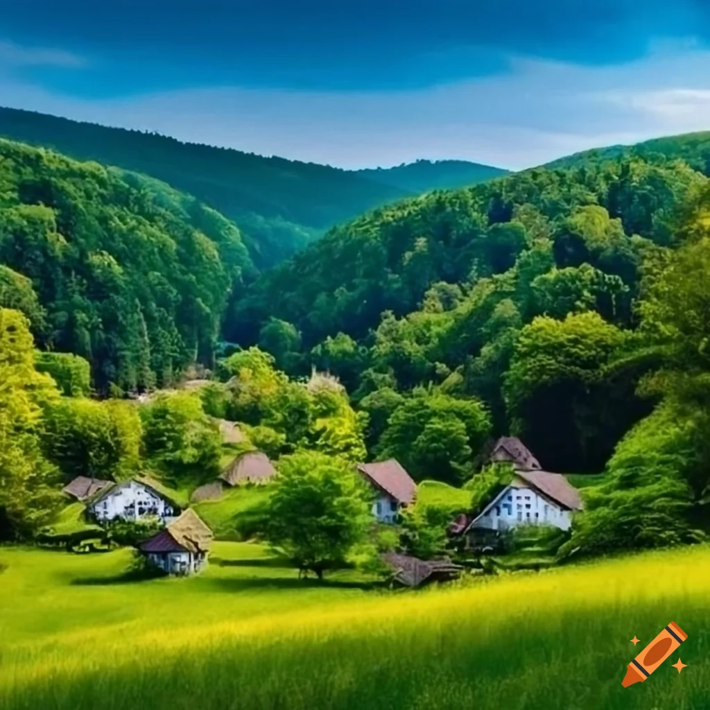 Peaceful village nestled in rolling hills and lush forests on Craiyon