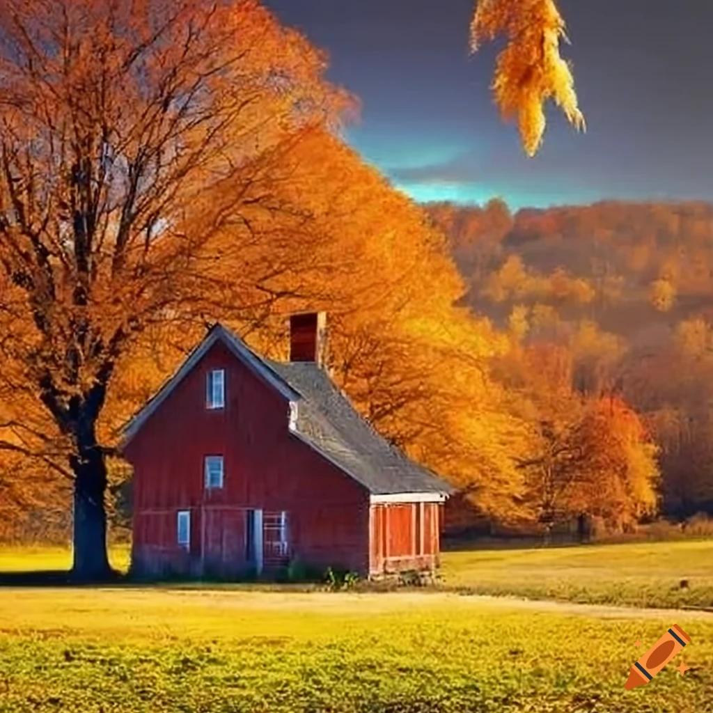 red brick farmhouse in autumn with a tree in front