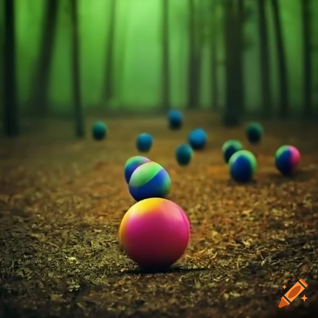 colorful balls bouncing in a forest