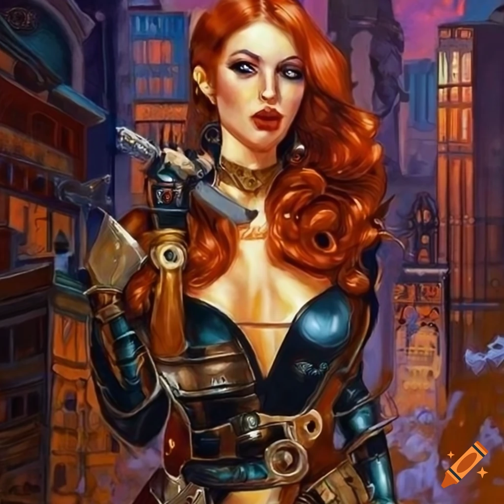 illustration of Lady Mechanika in a retrofuturistic city