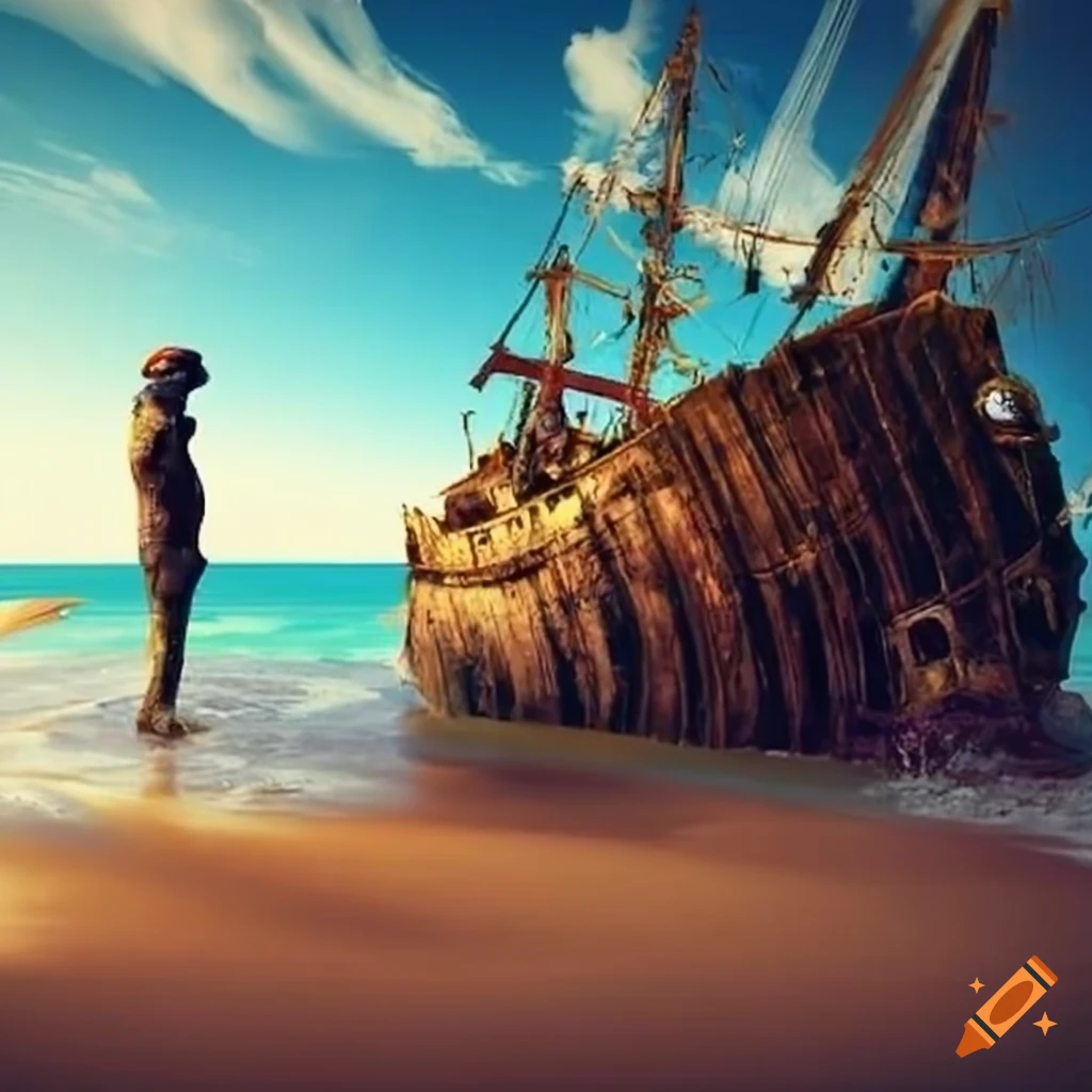 pirate observing a shipwreck on the beach