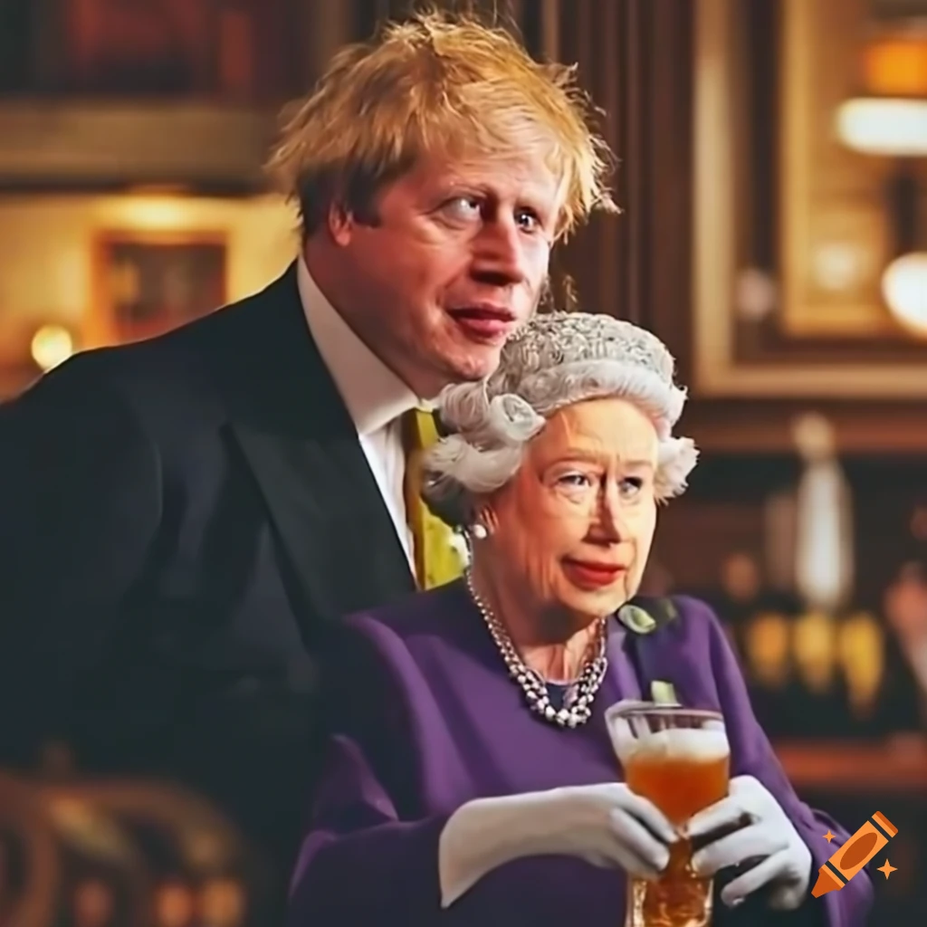 Boris Johnson and Queen Elizabeth enjoying a drink in a pub