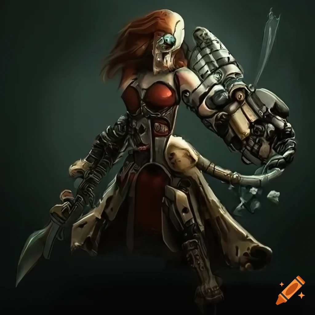 image of a tribal cyborg warrior with a skull-mark dagger next to a hoverjeep