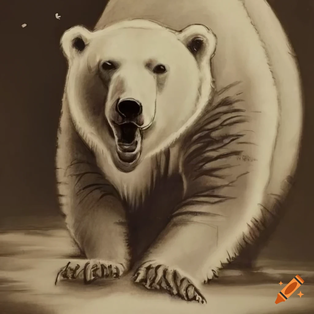 charcoal drawing of a polar bear in ice-covered sea