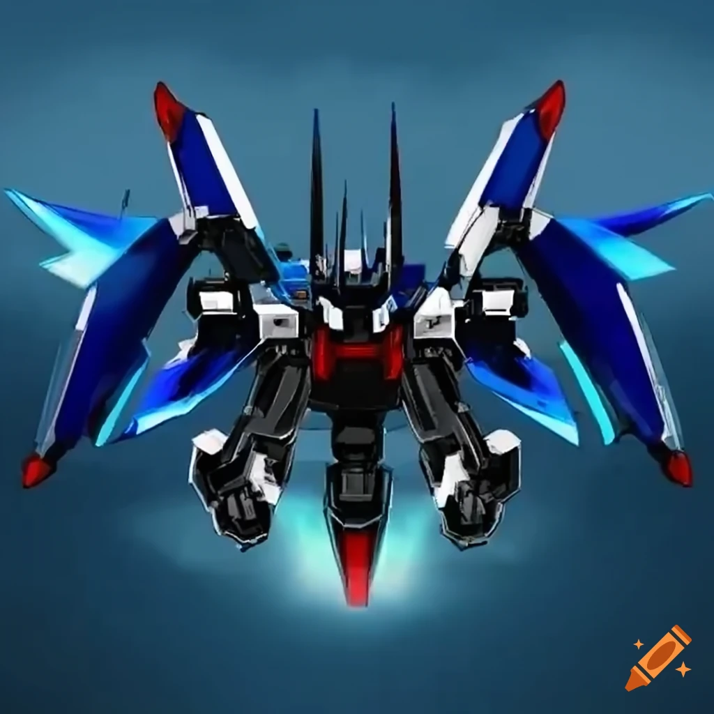 anime art of a blue winged mecha machine drone