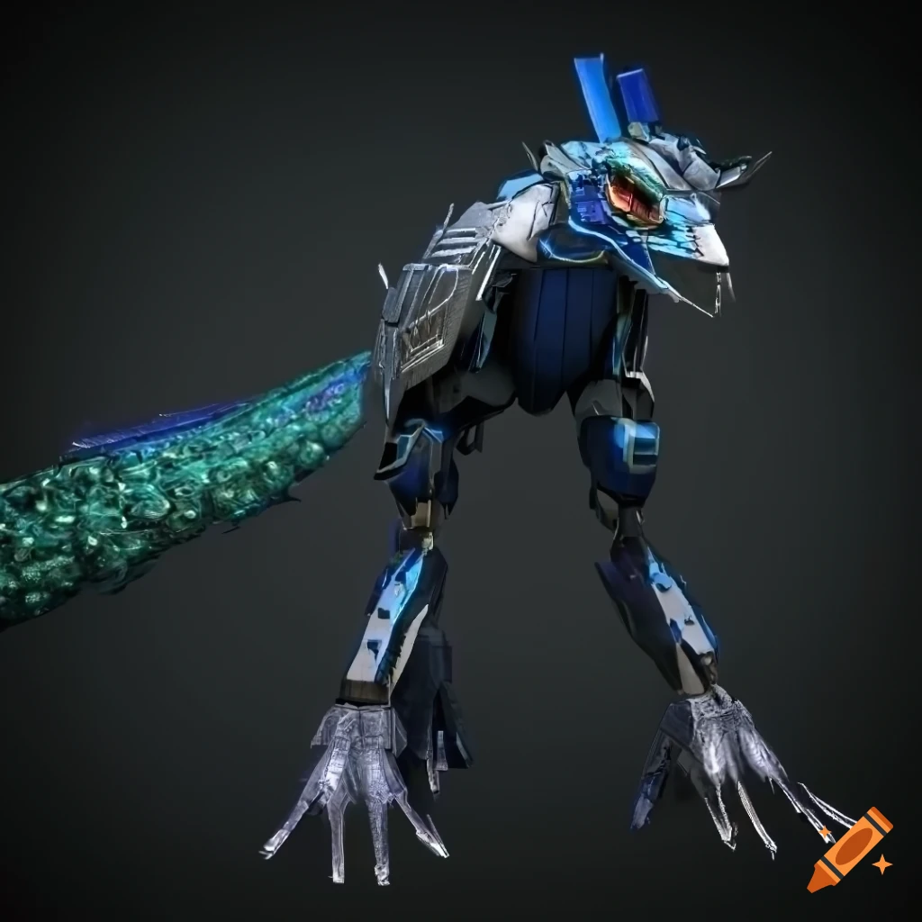 dramatic futuristic peacock mecha with full plumage display