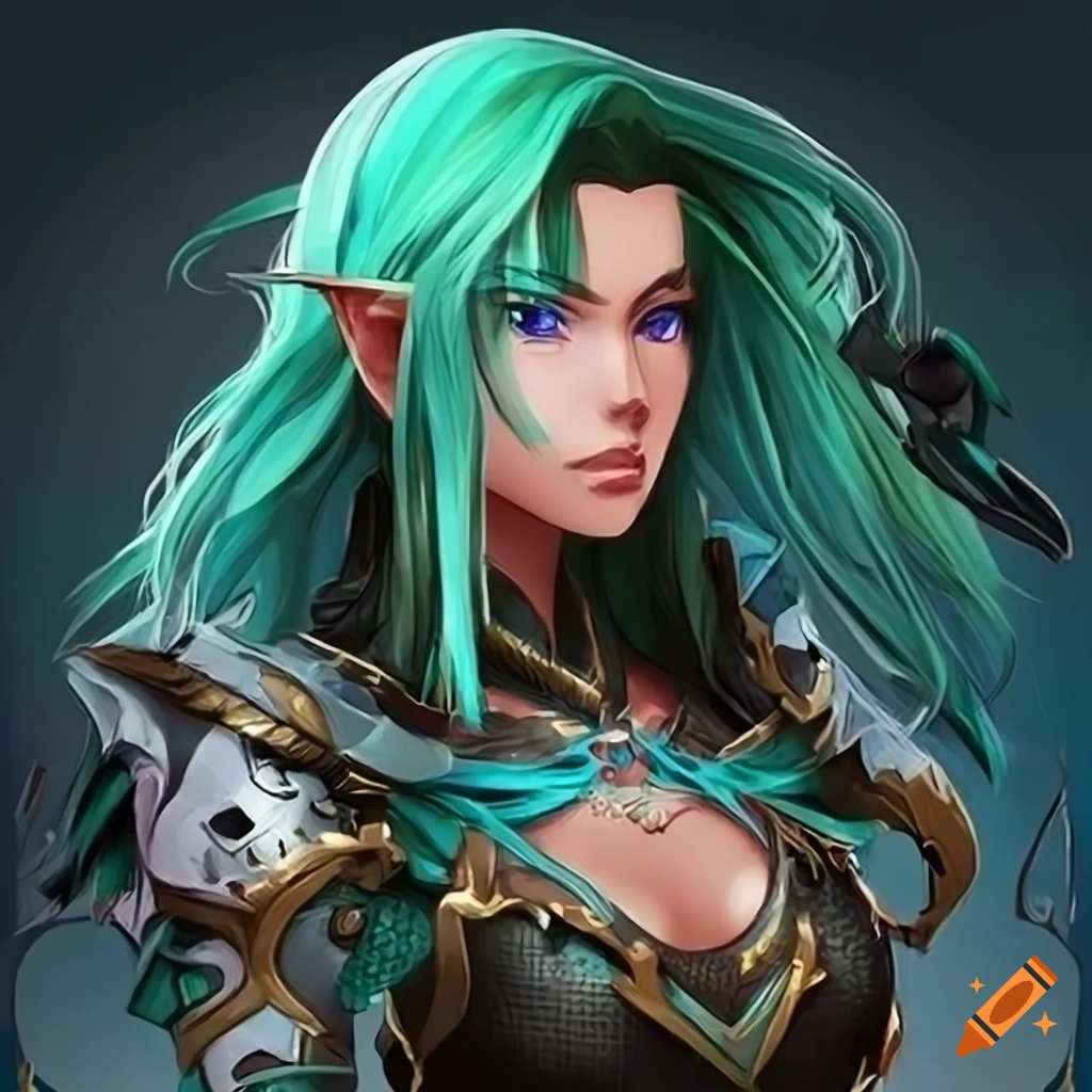 character design of a black-haired ranger with green highlights