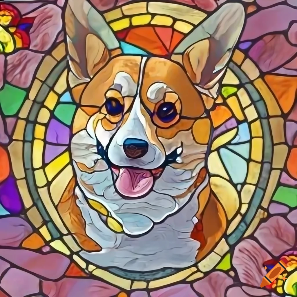 stained glass representation of a cute Corgi