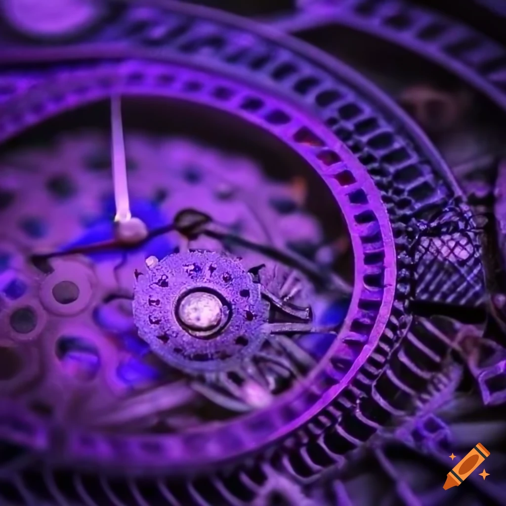 close up of purple and blue clock gears with spider motif