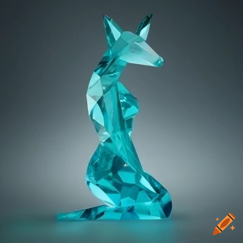 translucent teal crystal sculpture of a fox woman