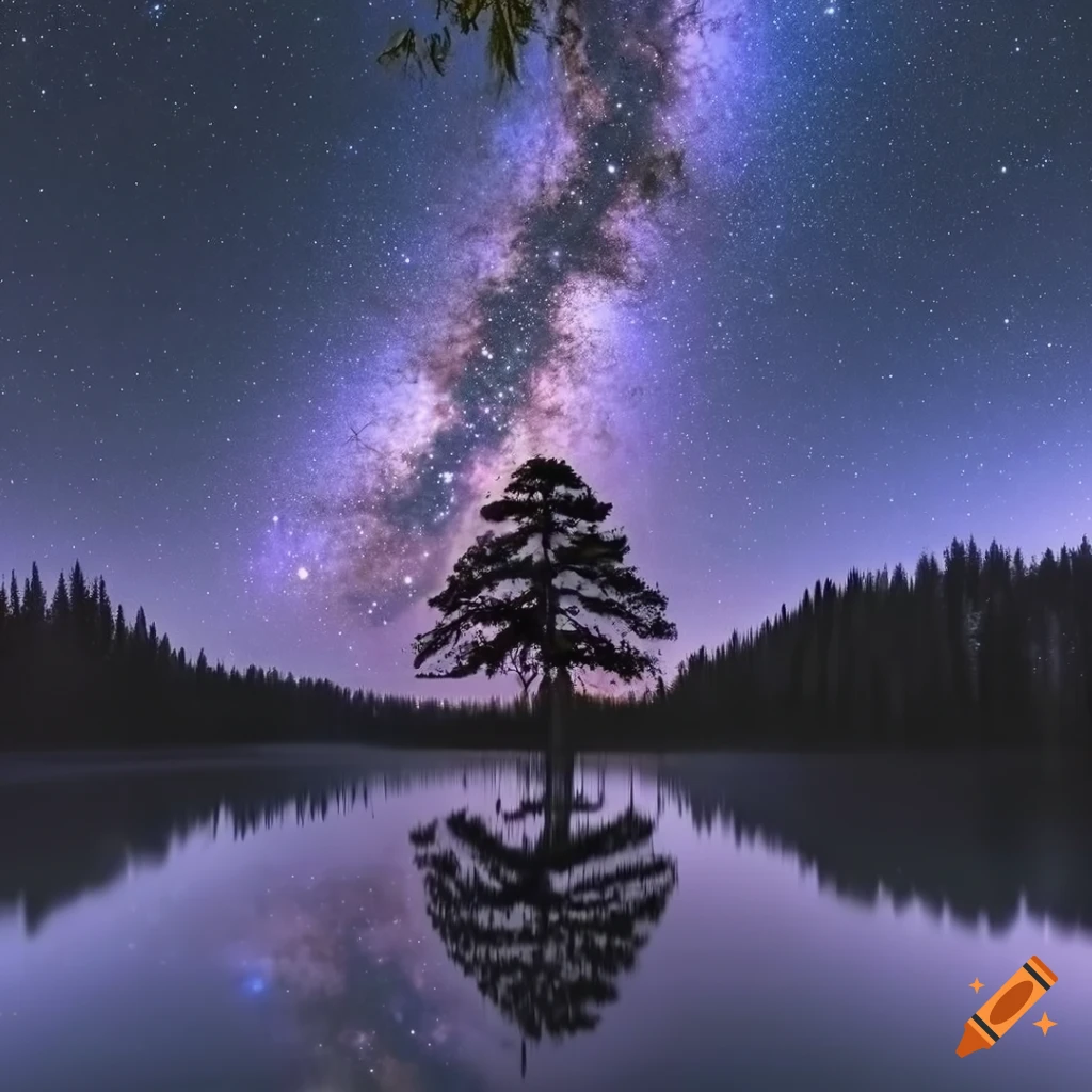 detailed night landscape with a tree reflection in a lake