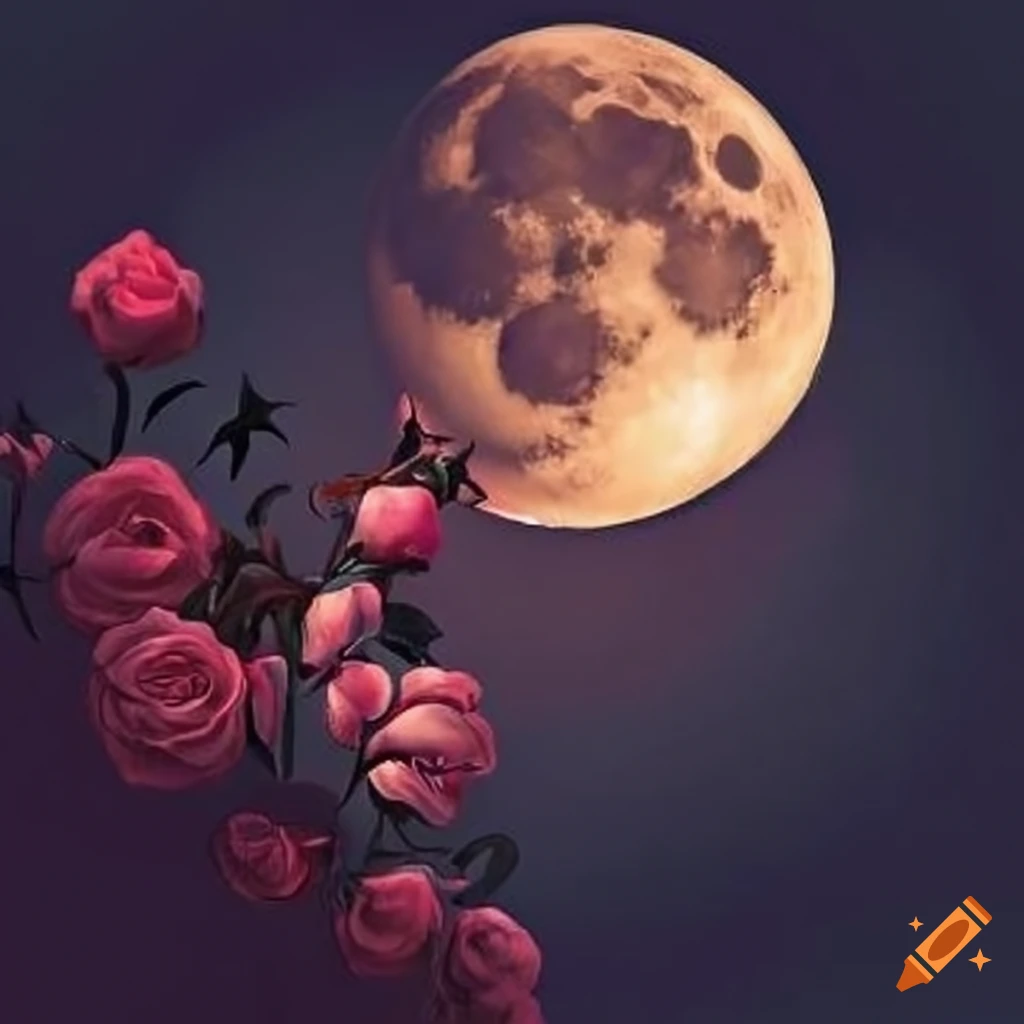 nighttime rose garden under a full moon