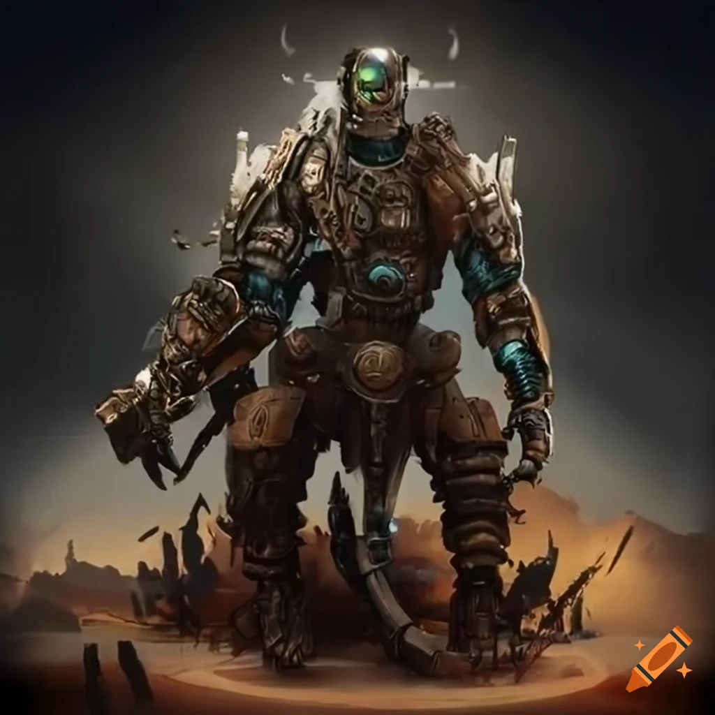 image of a dieselpunk cyborg warrior and a hoverjeep