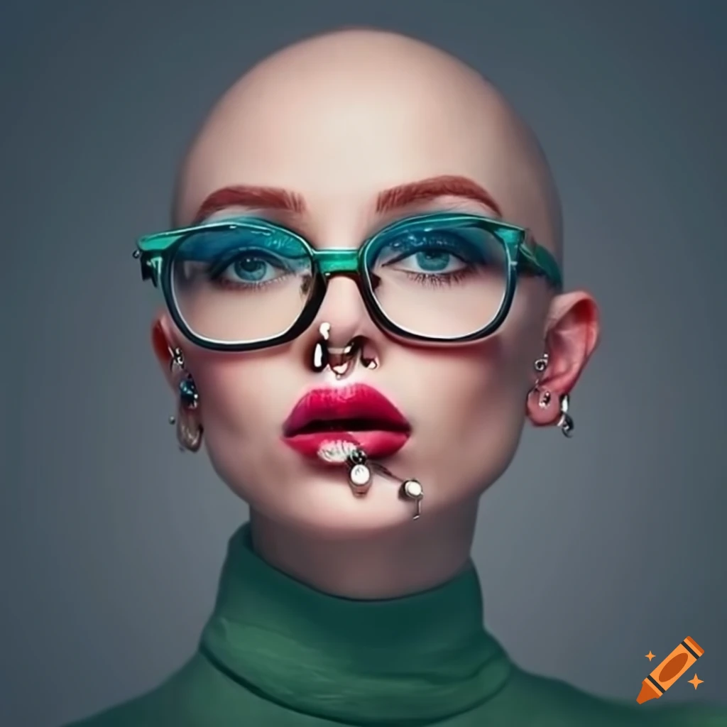 woman with a bald head, glasses, and septum piercing