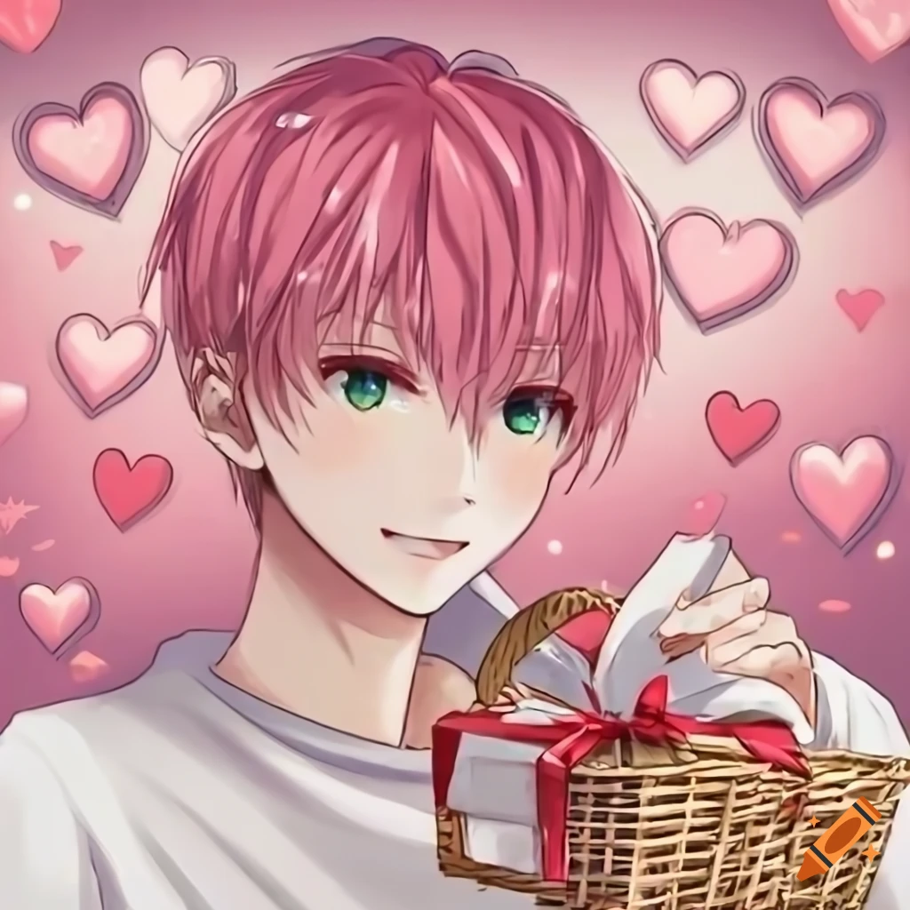 anime character with pink hair holding gift basket