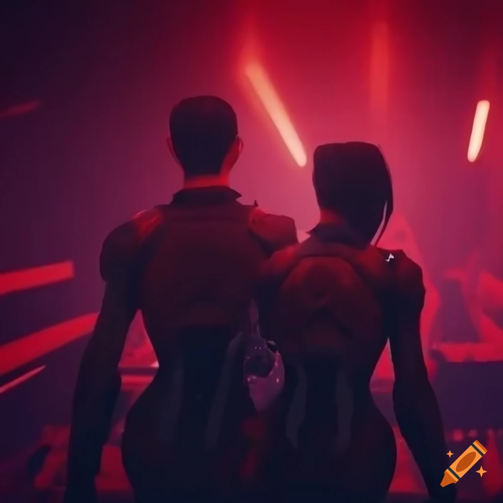 futuristic nightclub scene with two men talking