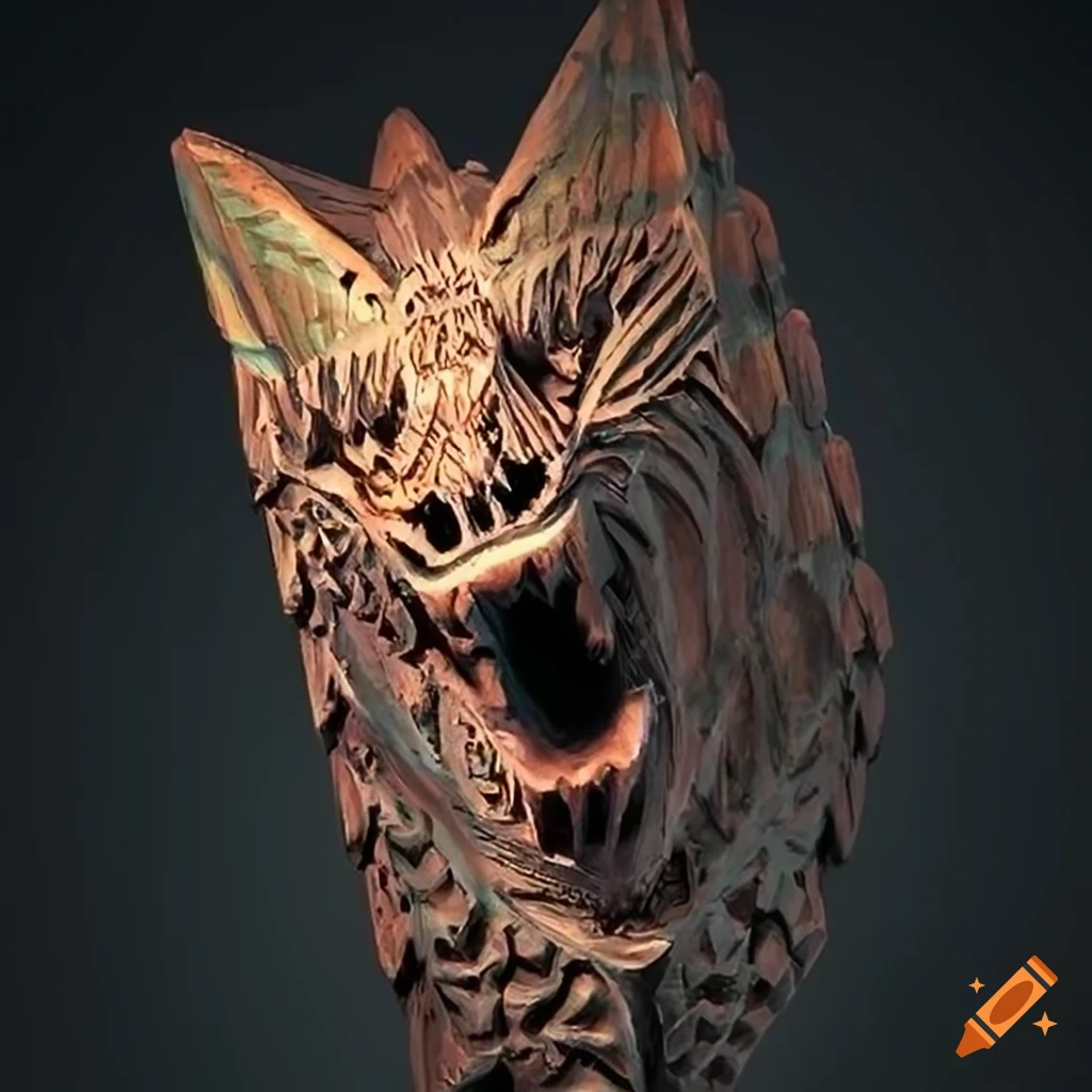 detailed carving with moth and werewolf motif