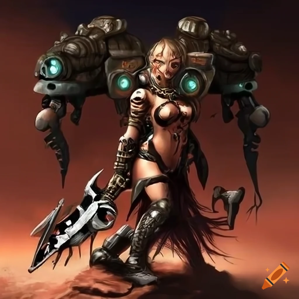 image of a tribal cyborg warrior with a skull-mark dagger next to a hoverjeep