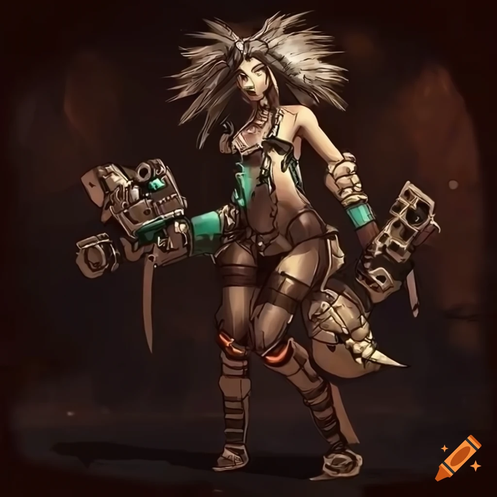 art of a tribal cyborg warrior with a skull-mark dagger