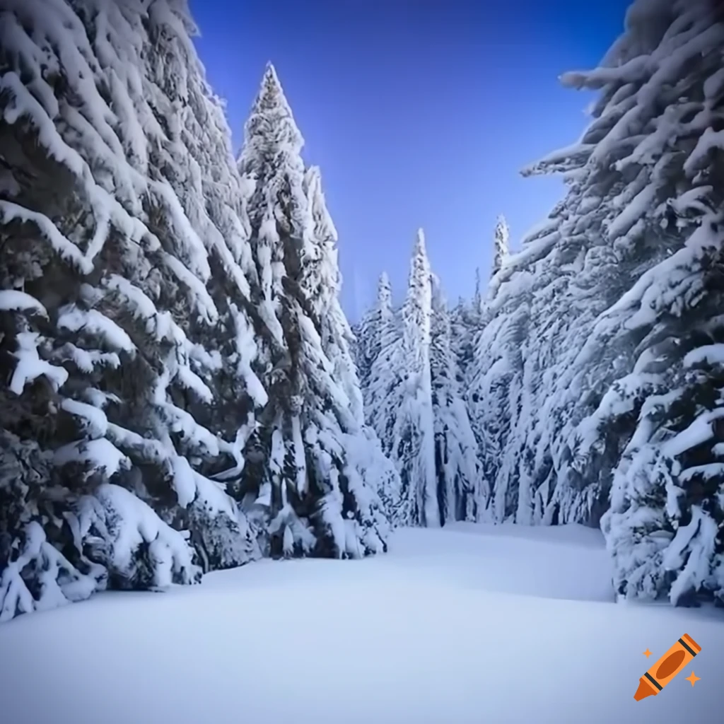 Winter landscape with snowy pine trees on Craiyon