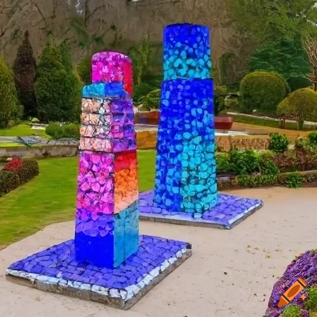 glass pointillism sculpture in a garden