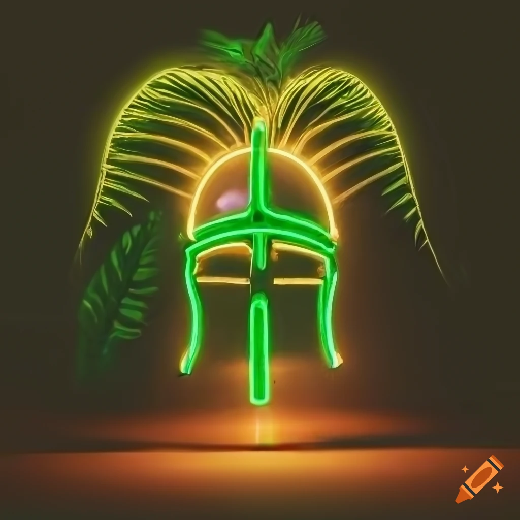 neon medieval helmet sign surrounded by tropical plants
