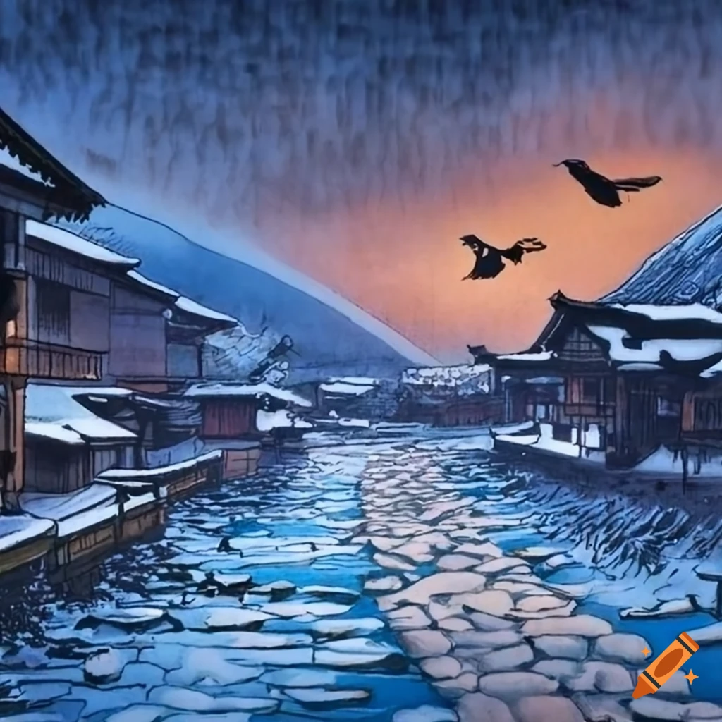 serigraph of a raven flying over cobblestone