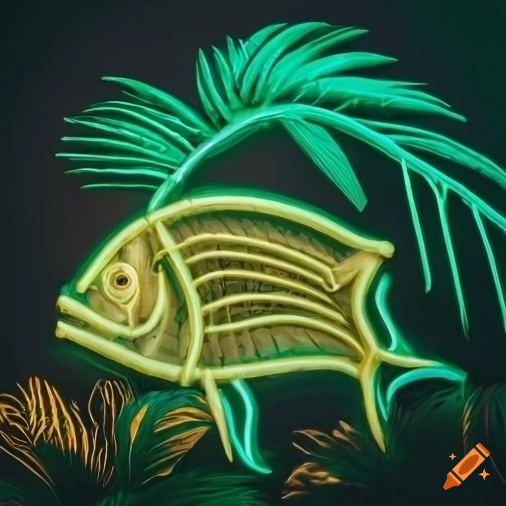 neon fish skeleton sign with tropical plants