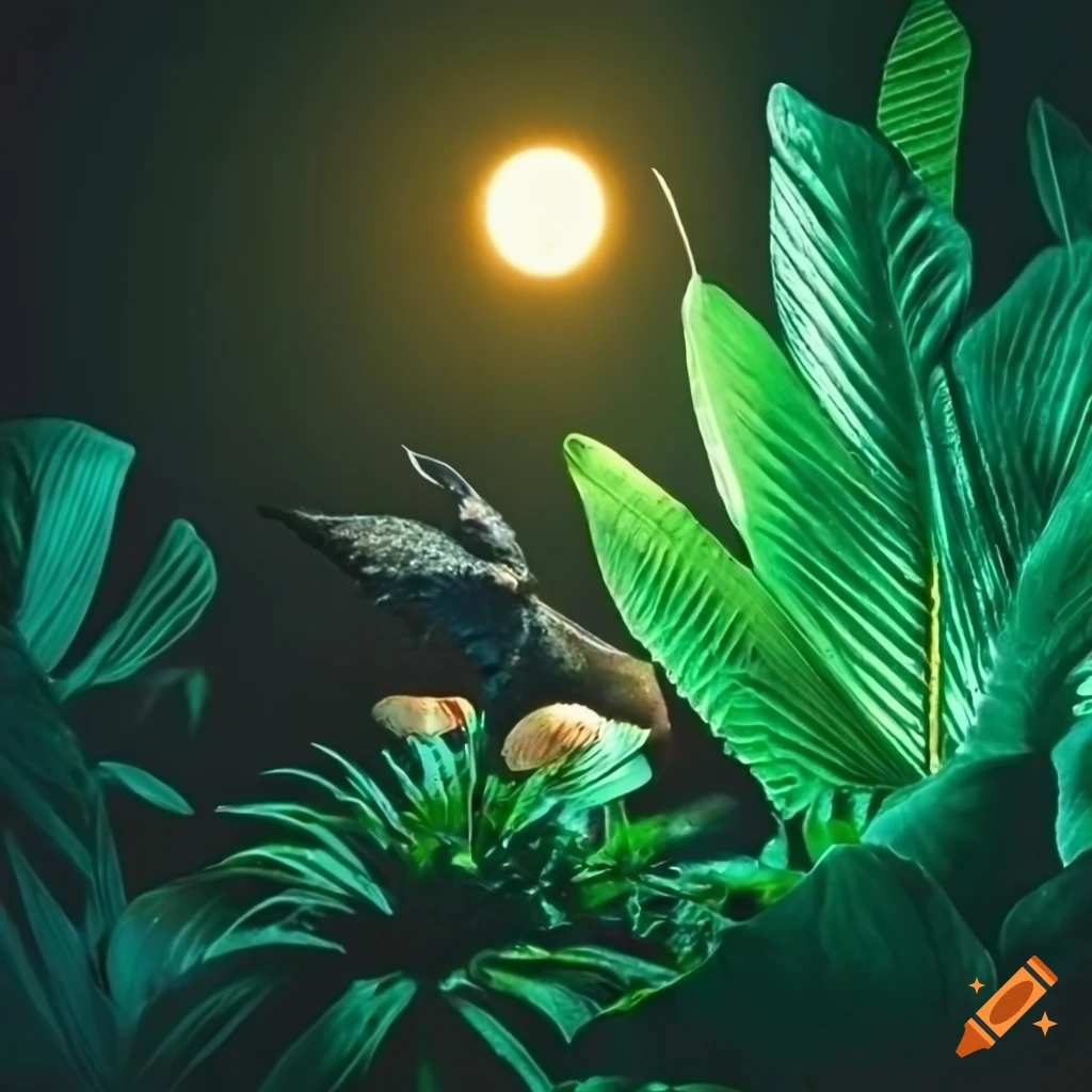 golden lighting on tropical plants and seashells with a bat