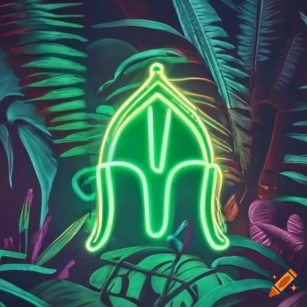 neon medieval helmet sign surrounded by tropical plants