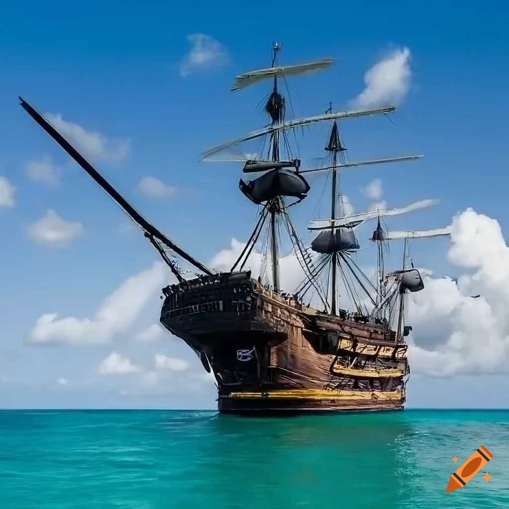 photorealistic image of a pirate ship sailing in the Caribbean