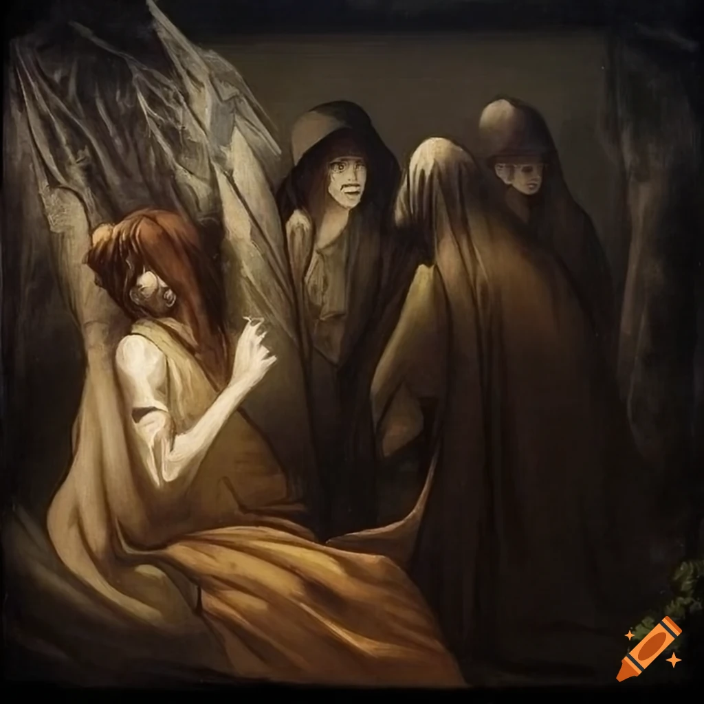 painting of hooded mourners in a grove