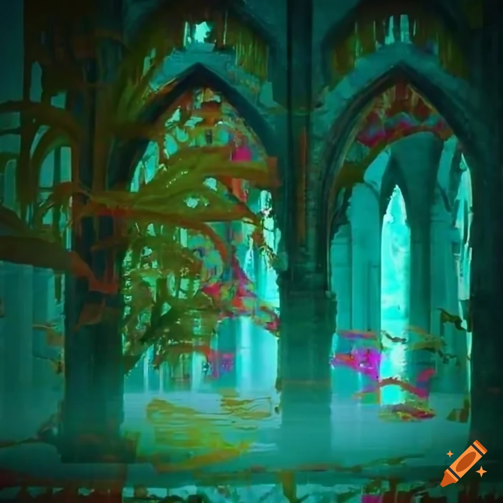 colorful tropical plants and medieval ruins