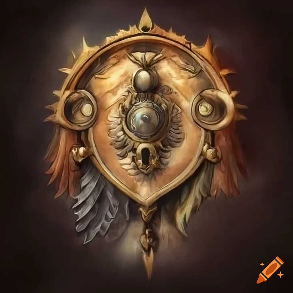 artwork of a fantasy crest with quill, book, and gears