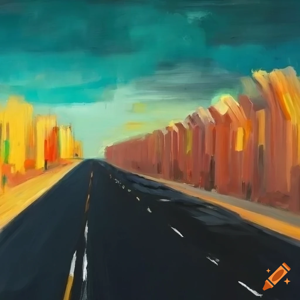 oil painting of a highway with roadblock